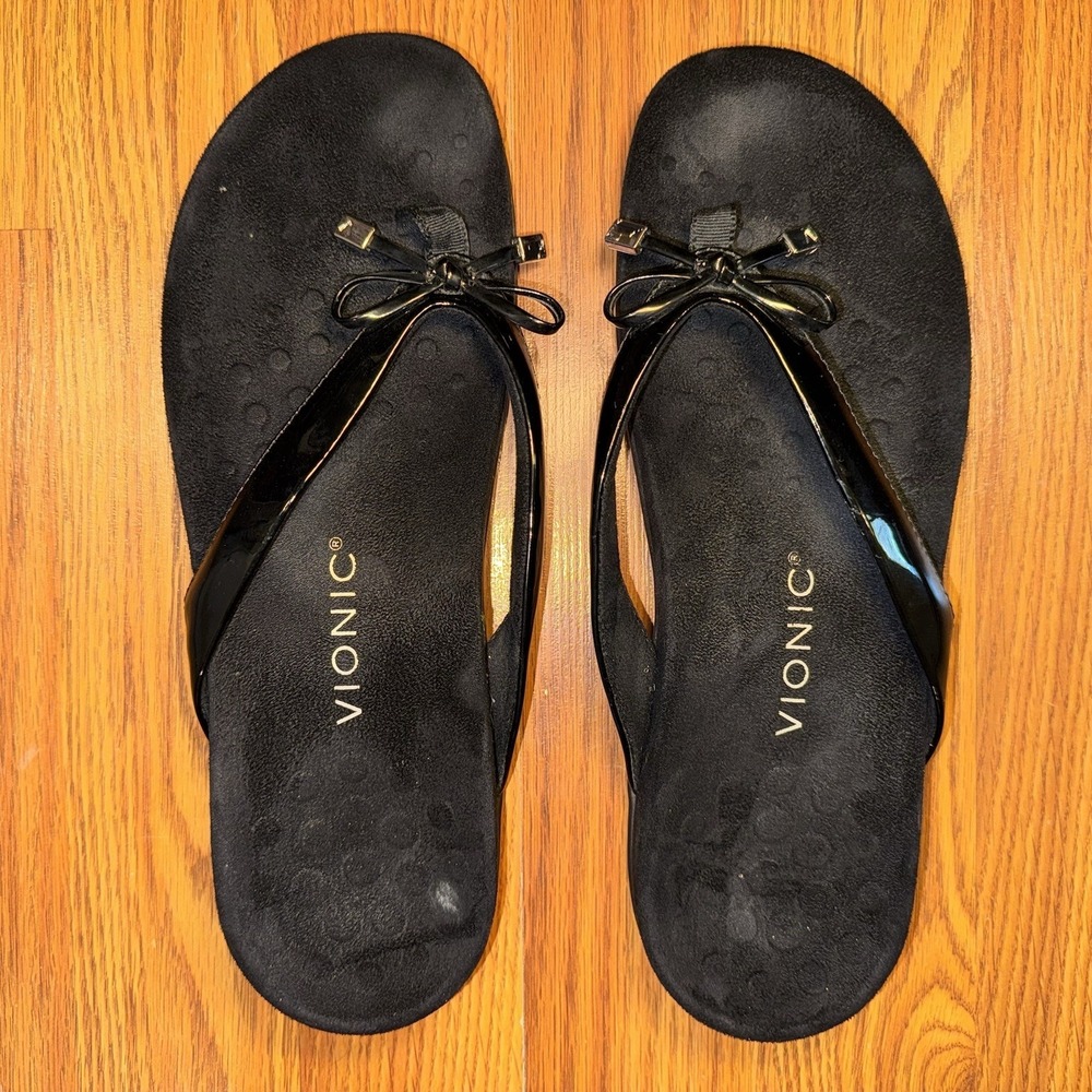 Vionic Bella II Patent Leather Black Thong Bow Arch Support Sandal Sz 9.5